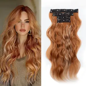Qbeauty Curly Wavy Blonde Golden Light Copper Balayage Clip-in Synthetic Hair Extensions, 4PCS Long Thick Double Weft Hairpieces for Women #SummerVibes