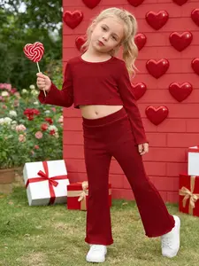 2pcs  Girls' Slim Fit Long Sleeve Sports Casual Fashion Clothes Kids Set Short Top and Flared Pants Thin Comfortable Breathable Fabric Fine Girls Outfit