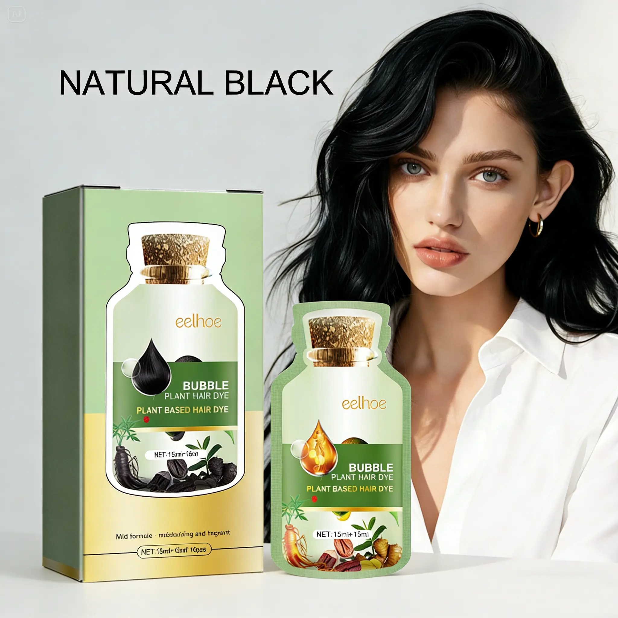 Plant Bubble Hair Dye, New Botanical Bubble Hair Dye Shampoo, Fast Coloring, Easy Gray Coverage, Gentle Plant-Based Formula, Unisex, No Mixing Required, Easy to Use, 30ml × 10 Packs/Box (Natural Black)