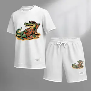 Men's Vacation Funny Animal Graphic Print Short Sleeve Shirt and Drawstring Shorts Set, Casual Summer Two-Piece Outfit, Lightweight Breathable Relaxed Fit Sportswear, Stylish Comfortable Daily Wear Beach Vacation Travel Loungewear