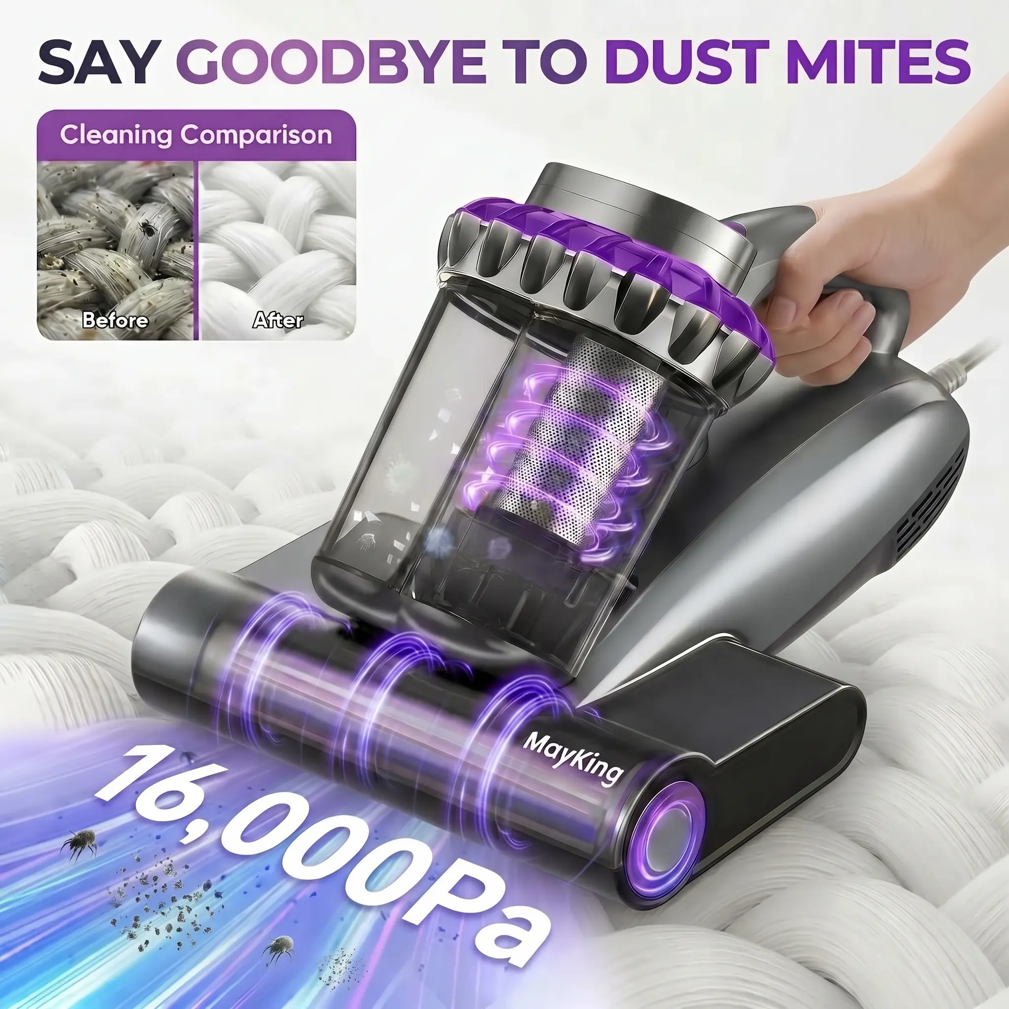 MayKing Smart Handheld Bed Vacuum Cleaner - Powerful Suction Vacuum, 16kPa, 40000 RPM, LED Real-Time Smart Display Version, UV-C Light, HEPA Filter, 149°F Heat, Negative Ion, Ultrasonic Anti-Dust Mite for Bed, Sofa Cleaning