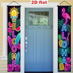 Neon Hawaiian Theme Porch Decor, Summer Flamingo and Surfboard, Party Festival Background, Polyester, Indoor/outdoor Decoration