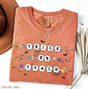 Comfort Colors Teacher Halloween T-Shirt, Trick or Teach Shirt, Halloween Teacher Tee, Spooky Season Teacher, Ghost Teacher Pumpkin Gift Back To School