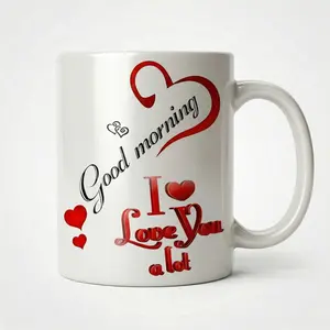"Good Morning" Aesthetic Mug,Quote Coffee Cup with Red Heart, Kawaii Drinkware, Thoughtful Birthday Gift for Bestie,Heartwarming Anniversary Surprise for Wife