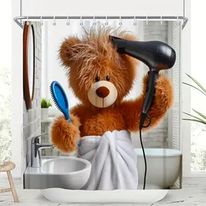 1pc Fashion Plush Bear Bathroom Blow Hair Fun Elements Shower Curtain and 7 Durable Hooks High-Quality Bathroom Decorations and Accessories