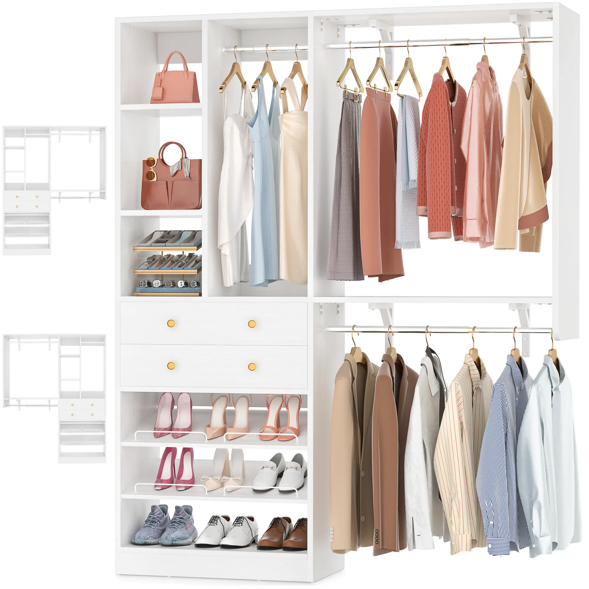 Closet System - 5FT Small Closet System with Drawers, 60" Closet Organizer System with Reversible Hanging Shelving, Closet Systems for Small/Walk-in Closets