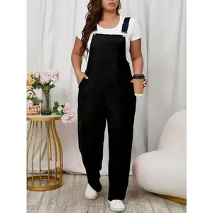 Plus Size Chic Solid Buckle Overall Jumpsuit - Sleeveless, Casual, Pocketed, Comfortable, Easy Wear - Women's Fashion Clothing for Curvy Figures Strappy Womenswear Basic Elegant Athletic Workout Romper Fitted Minimalist