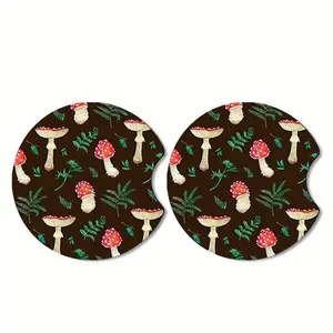 Mushroom Pattern Car Coaster, 2 Counts Round Car Cup Holder Coaster, Car Interior Decoration Accessories, Car Interior Accessory for Women & Men