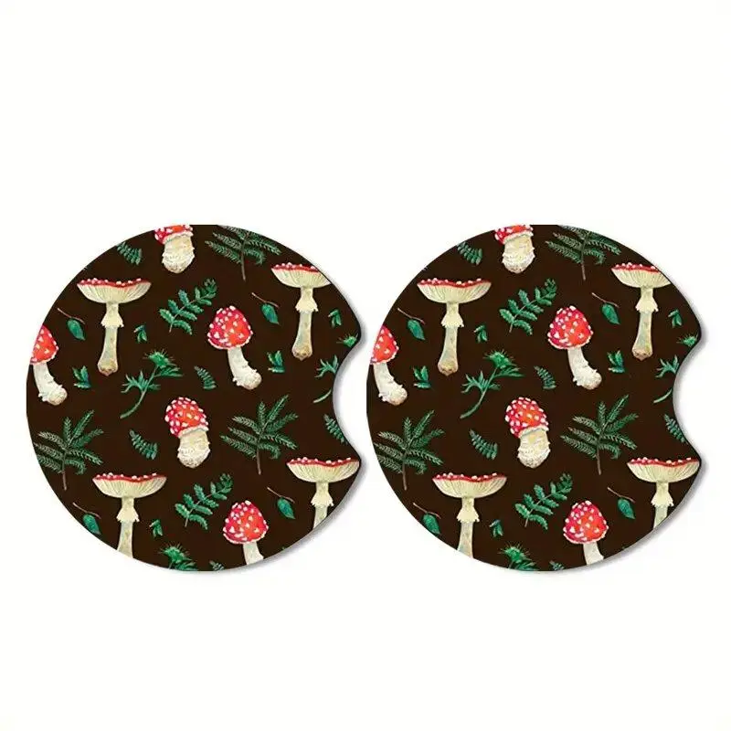 Mushroom Pattern Car Coaster, 2 Counts Round Car Cup Holder Coaster, Car Interior Decoration Accessories for Women & Men