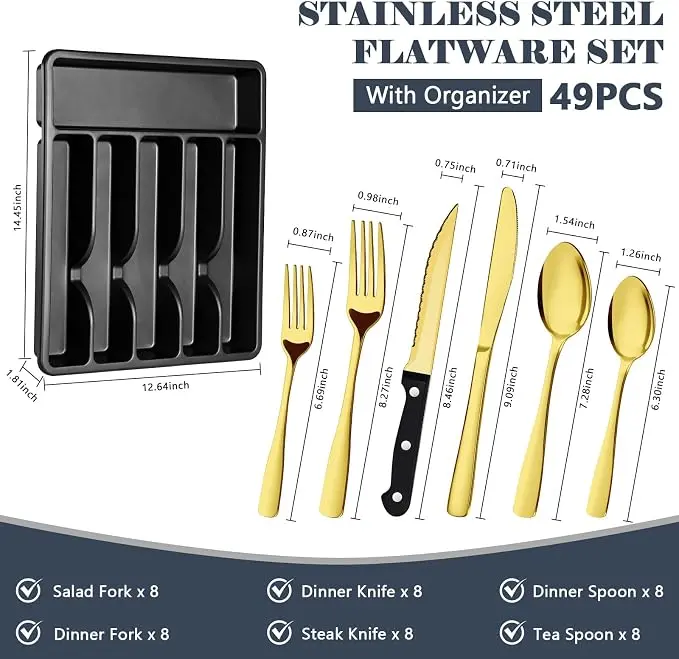 Stainless Steel Flatware Set - 49-60 Pieces, 8-Person Heavy-Gauge Mirror-Polish Cutlery with Storage Tray, Modern Multicolored & Gold Silverware for Home Kitchen & Formal Events, Includes 16-Piece White Disposable Ceramic Kids' Dinnerware Gift