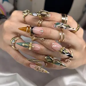 Abstract Gold Press On Nails | Luxury Glossy Stiletto Nail Set | Sculptural Gem Frame Swirl Metallic Nail Art | Futuristic Glam Nails