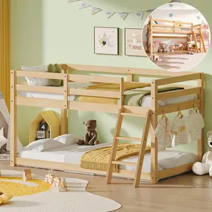 Low Bunk Bed Frame Twin Over Twin with Guardrail & LED Lights, Convertible Twin Short Loft Bed with 6 Storage Hooks & Wide Ladder, Wood Floor Bunk Beds for Bedroom, Oak