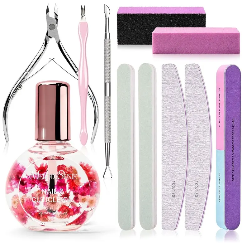 MelodySusie Manicure Tools Kit Nail Care Kit with Files, Buffer Blocks,Cuticle Nipper, Pusher and Rose Cuticle Oil 28ML for DIY Nail Manicure and Nail Care