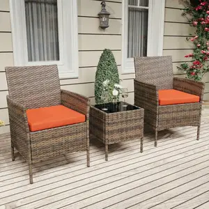 GAOMON 3 Pieces Rattan Conversation Set, Wicker Outdoor Patio Furniture Set with Tempered Glass Table, Patio Table and Chairs Set for Backyard Lawn Porch Poolside Balcony, Brown and Orange