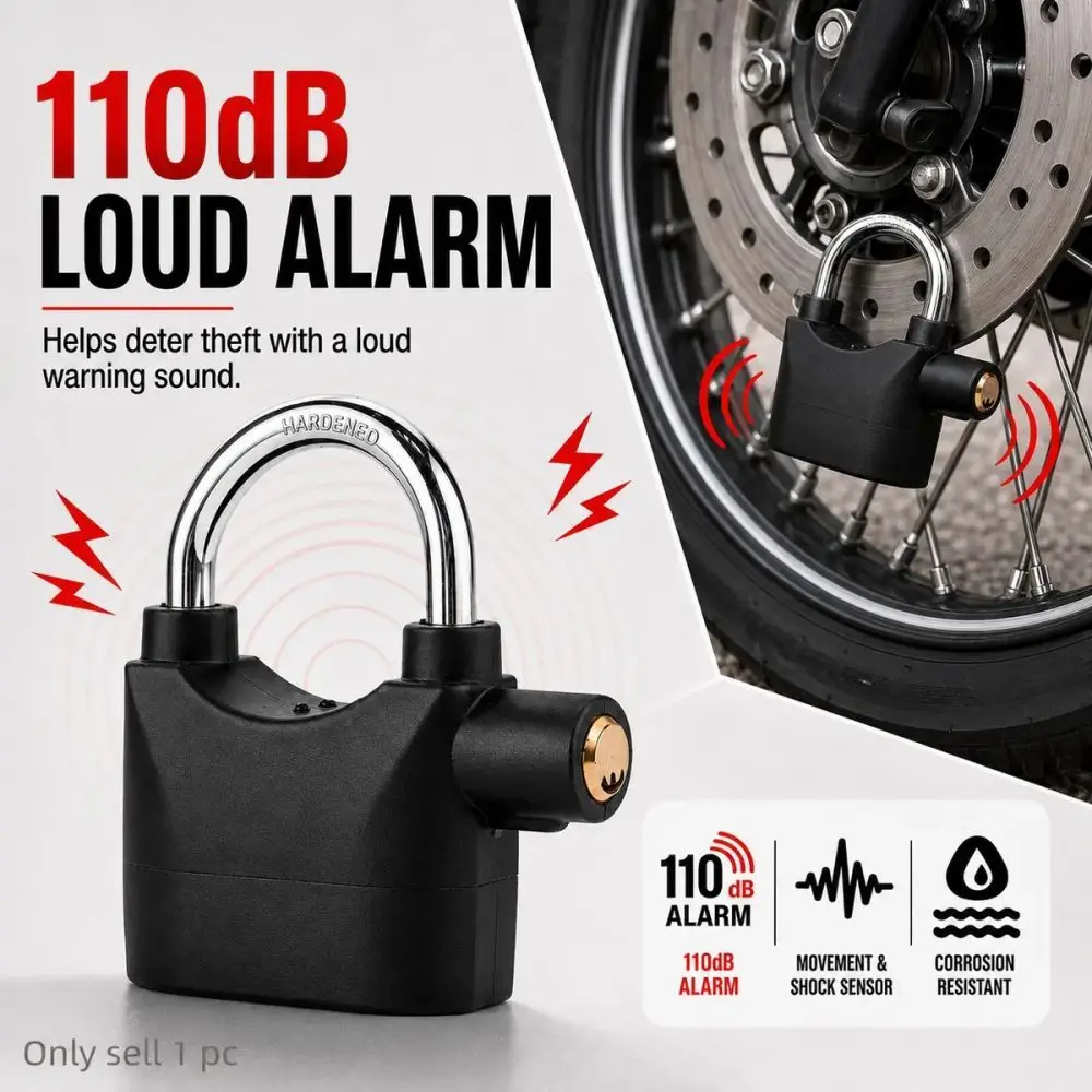 110dB Loud Alarm Hanging Lock, Outdoor Anti-Theft Padlock with Detachable U Shackle and 3 Keys, Secure Lock, Security Lock for Garages, Fences, Sheds, Bikes, Scooters and Motorcycles