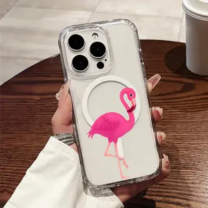 Pink Flamingo Standing with Graceful Neck and LegsPrinted Phone Case, Transparent Acrylic Magnetic Shockproof Hard Case with Magnetic Ring, Wireless Charging, Fit for iPhone 17 E Air Pro ProMax iPhone16 15 14 Plus 13 12 11 X XS XR, Stylish Gift