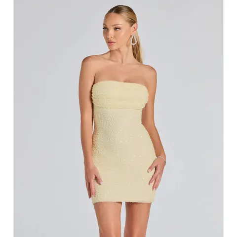 Lena Strapless Bodycon Beaded Mesh Mini Dress