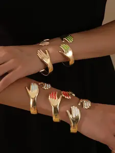 Artistic Palm-Shaped Open Cuff Bracelet, Gold Base with Colorful Drip Nails, Multi-Color Options, Boho Style Accessory for All Seasons