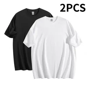 2pcs Solid Color T-shirt Cotton Men Women White O-Neck Loose Short-sleeved Basic Models All-match T-shirt Couple Tops Black and White combination