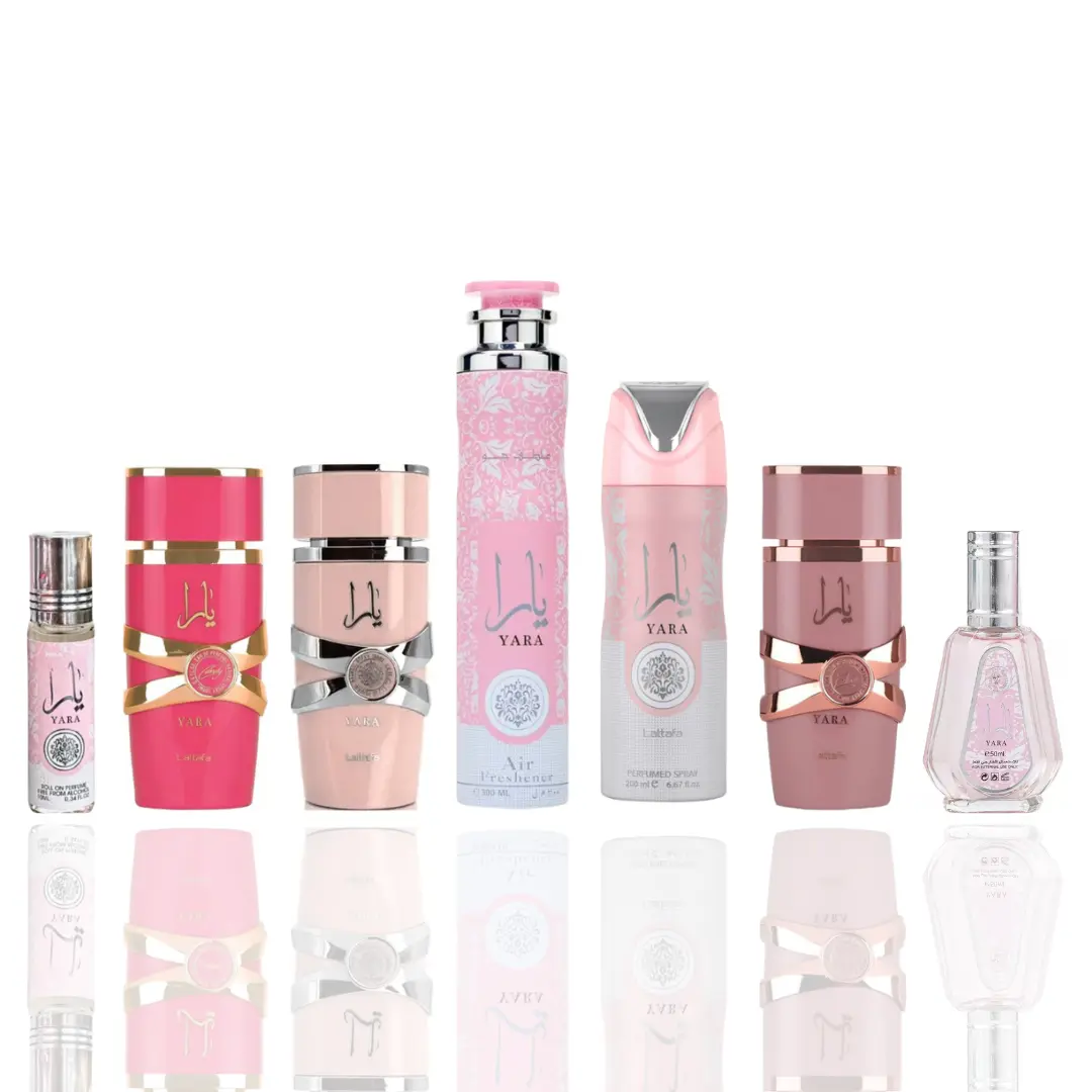 Lattafa Yara Concentrate Women's Fragrance 7-Piece Bundle Set - Candy-Flavored Fruity Scent, Air Freshener, Deodorant, Elixir, 50ml Oil for Layered Wear, Bundle Women's Fragrance