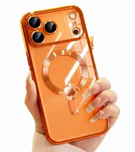 Magnetic for iPhone 17 Pro Case, Compatible with MagSafe [Military Grade Drop Protection] Full Camera Lens Protector Plating Soft Clear Phone Case for Women, Orange