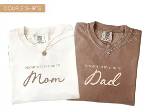 Comfort Colors Promoted By God To Mom Dad T-Shirt, Matching Parents Shirt, Pregnancy Reveal Gift, Mama Dada New Mom Dad Outfit, Retro Baby Announcement Tee