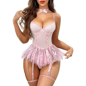 Women Sexy Lingerie Set Naughty Lace Up Corset Bodysuit Underwire Lingerie Babydoll With Garter Belt and Bow Tie