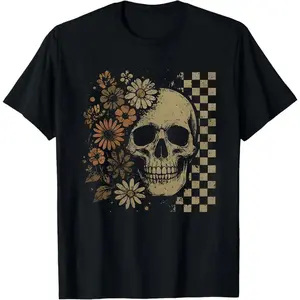 Vintage Bohoo Skull Shirt, Retro Floral Skull Tee, Spooky Summer Shirt, Gothic Aesthetic Graphic Tee, Trendy Unisex Cotton T-Shirt