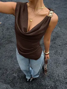 Women's Micro Tank Top Outfit, Summer Pile Collar Vest, Metal Decoration Irregular Sleeveless Top, Stylish Casual Wear, Perfect for Daily