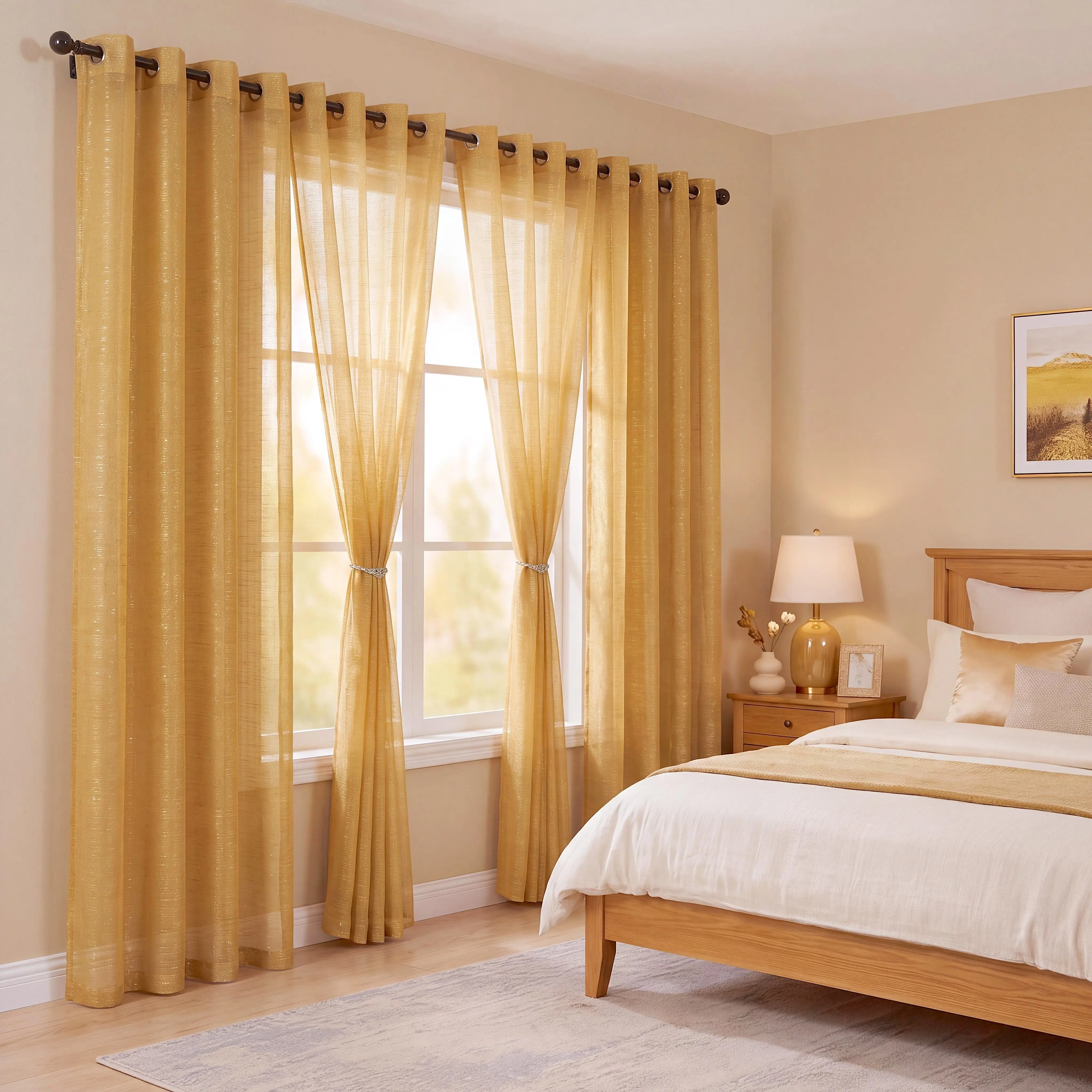 4-Panel Sheer Curtain Set, Silver Metallic Striped Flat Woven Yarn Voile, Wrinkle Resistant Grommet Top Drapes, Glitter Textured Light Filtering Privacy Panels for Indoor Use & Bathroom Modern Glam Decor FT2520