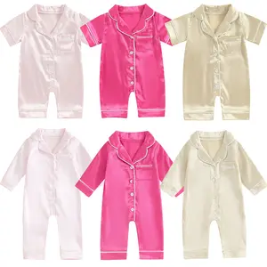 Newborn Baby Girl Boy Silk Pajamas Rompers Button Down Long/Short Sleeve Satin Infant Pjs Jumpsuit Shorts Nightgown