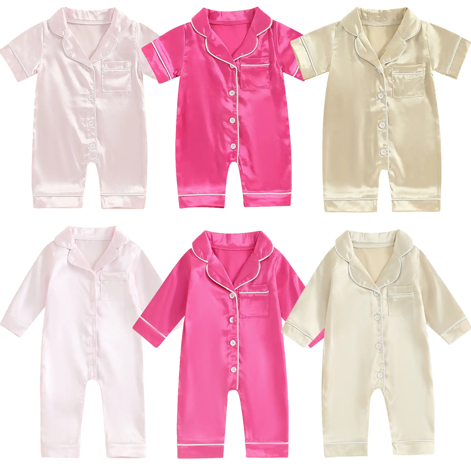 Newborn Baby Girl Boy Silk Pajamas Rompers Button Down Long/Short Sleeve Satin Infant Pjs Jumpsuit Shorts Nightgown
