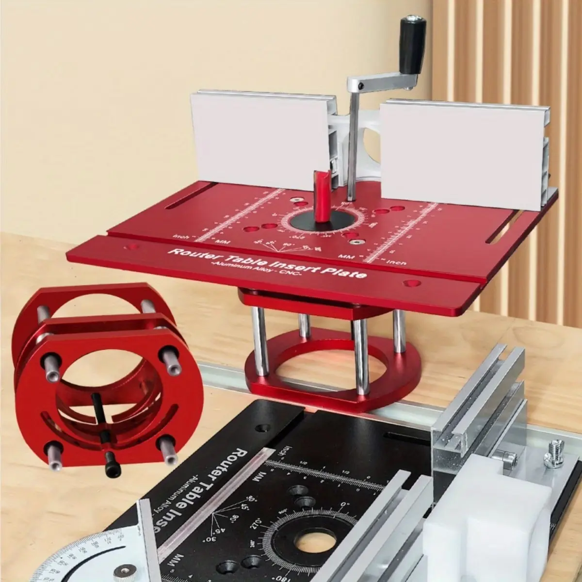 Woodworking Flip Plate and Router Lift Kit, Power Tool Cutting, Metric & Inch Stroke Scale, 65mm Motor, Aluminum Alloy, Miter Gauge, Fence, Workbench Tool