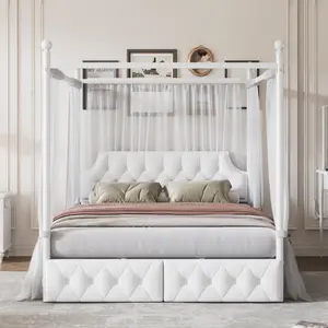 Canopy Bed Queen Size Platform Bed Frame with Upholstered Headboard, Queen Size Canopy Bed with 2 Storage Drawers, No Box Spring Needed, Noise Free (Queen, White)