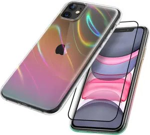 Phone CaseClear Case Compatible with iPhone 11, with [Tempered Glass Screen Protector] Colorful Laser Rainbow Color Shockproof Protective Cover for 6.1 Inch, Pink-Orange
