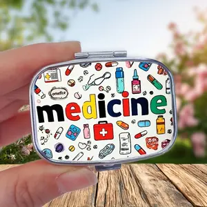 Colorful Medicine Graphic Pill Case, 2-Compartment Plastic Pill Organizer with Mirror, Portable Travel Healthcare Pill Box for Daily Use