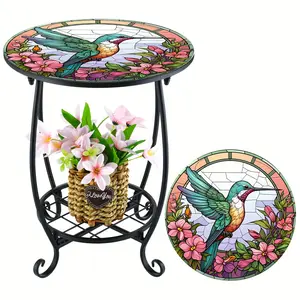14-inch Round Outdoor Side Table With Hummingbird Mosaic Design, Suitable For Outdoor Patio Furniture, Garden Accessories And Decorative Plant Stands