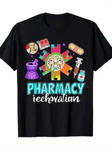 Colorful Pharmacist Graphic T-Shirt | Black, short-sleeved, crew neck, medium stretch, suitable for all seasons, casual style, 180gsm heavyweight fabric, perfect for everyday wear and holidays.