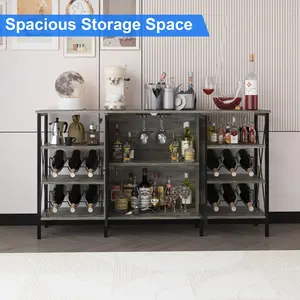 55" Farmhouse Wine Bar Cabinet with Wine Rack & Glass Holder, Rustic LED Sideboard for Living Room & Coffee Bar-Premium