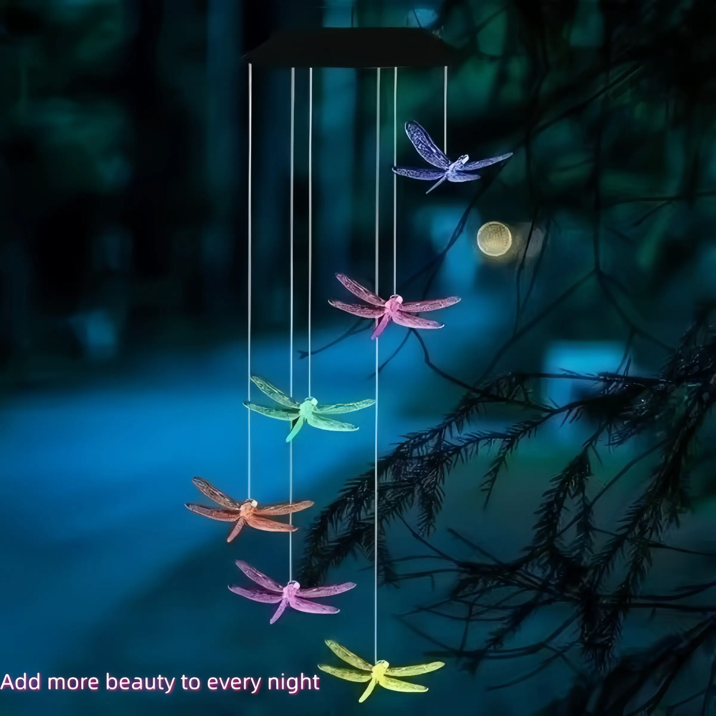 Outdoor Solar Wind Chime Dragonfly Decoration Windchimes Shape Decorative Waterproof LED Color-Changing Hanging Light, Perfect for Garden, Patio, Yard
