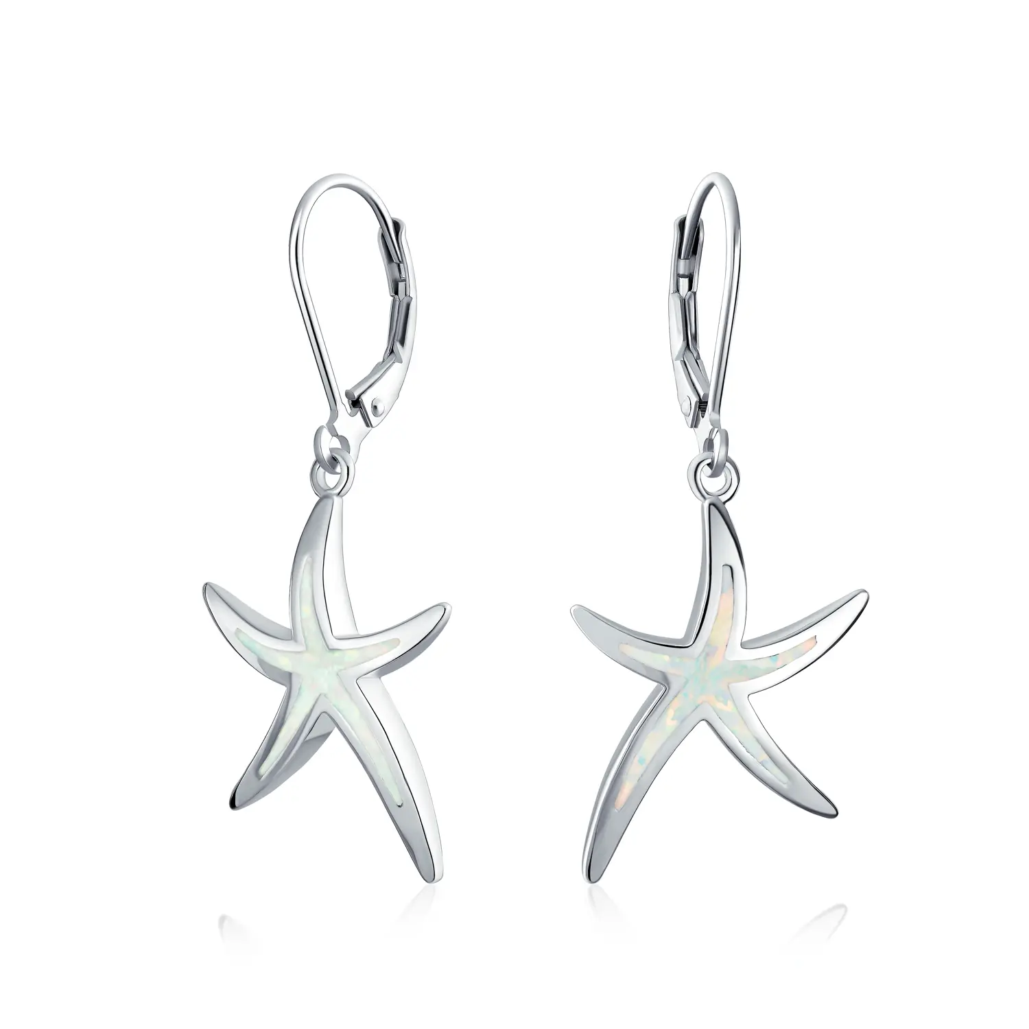 Nautical Created Opal Starfish Dangle Earrings Sterling Silver Leverback
