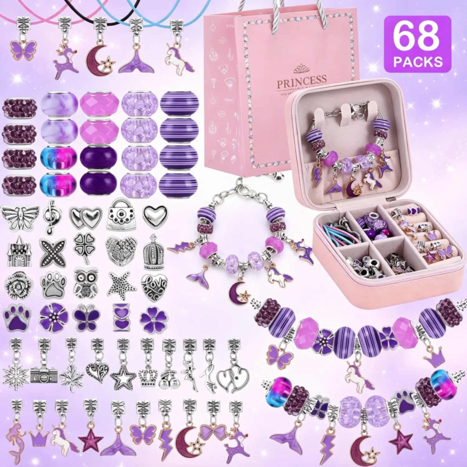 Dream Purple Themed Colorful DIY Charm Bracelet Jewelry Making Kit for Girls 68Pcs Beads Decor Pendants Playful Stylish Jewelry Set Special Jewelry Box Idea Unique Craft Gift for Girlfriend Birthday Valentine's Christmas New-Year Gift Ideas for Women