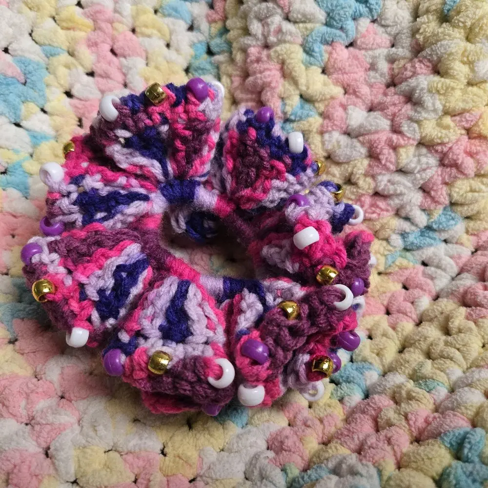 Beaded Purple Mix crochet Ruffle Scrunchy with Vibrant Colors and Unique Bead Accents for Stylish Hair Accessory