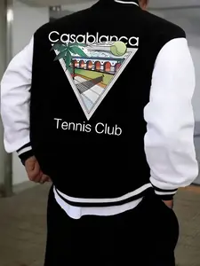Men's Trendy Color Block Baseball Jacket, Retro Style Satin Sleeve Design, Cool Graphic Print for All Seasons, Streetwear Outerwear