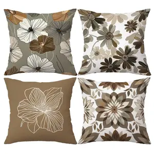 4pcs Retro Brown and White Floral Geometric Throw Pillow Covers Set, Modern Decorative Home Decor Bedroom Decorative Accessories Couch Pads, Single-sided Printing Without Pillow Core