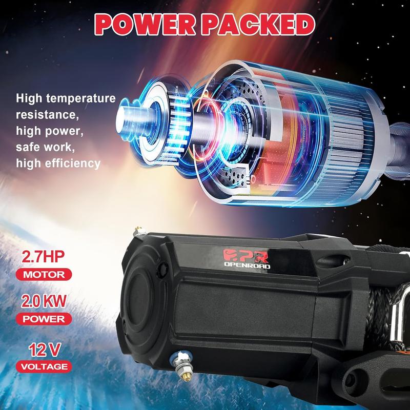 OPENROAD 6000 lbs UTV Winch, Waterproof IP67 Electric Trailer 6k Winch with 1/4"×50ft Synthetic Rope,Wireless Remote and Winch Stopper (6000lb with Mounting Plate)