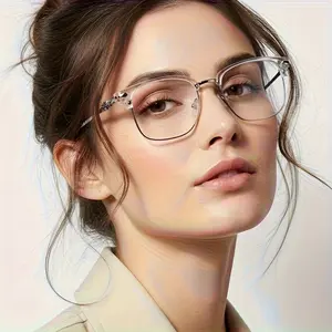 Classic Square Frame Unisex Eyeglasses - Semi-Rimless Vintage Style with Metal Accent Temples, Includes Clear Lenses, Glasses Pouch, and Cleaning Cloth