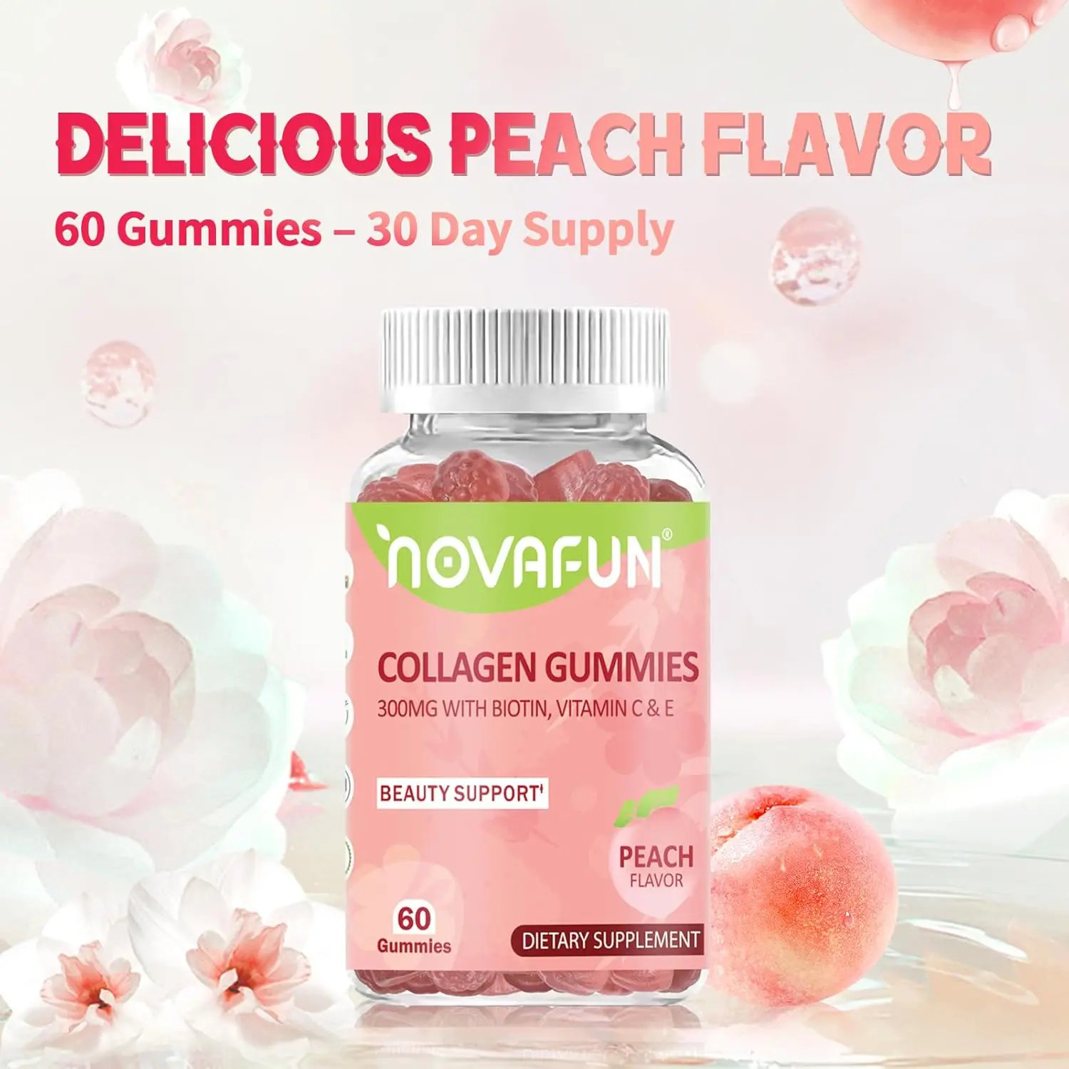 Novafun Menopro Collagen Gummies with Biotin Vitamin C & E 300mg for Hair Skin Nail Support Vegetarian Gluten-Free Peach Flavor 60 Count - Edible