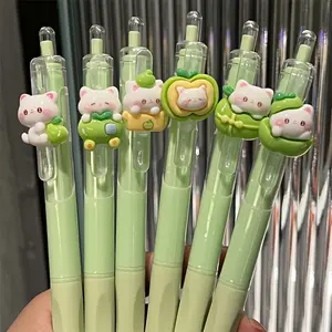 [Cute Apple Cat Ballpoint Pens] 3/6pcs Cute Quick-Dry Apple Cat Ballpoint Pens, Black Ink , Neutral Point, Green Color