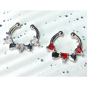 1pc Non-Piercing Half Circle Septum Hanger Heart CZ Gems Clip-On Fake Nose Ring